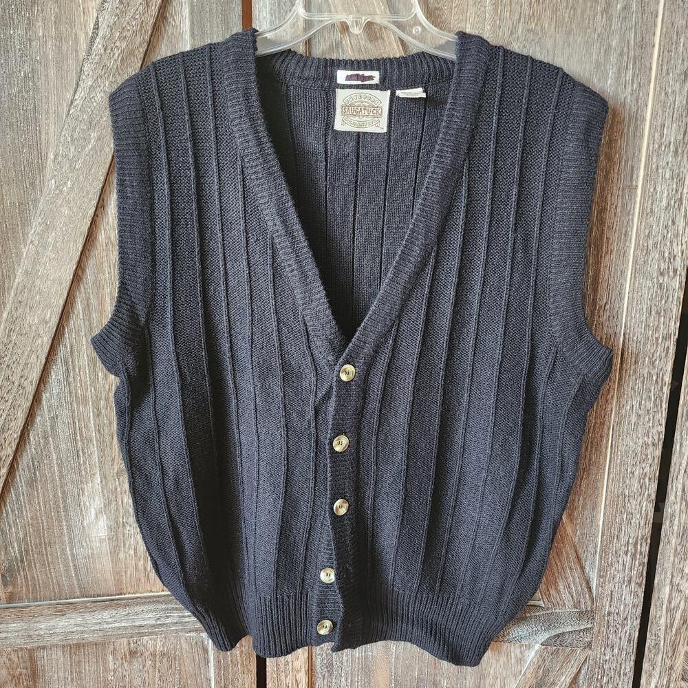 Vintage 90s Saugatuck Dry Goods Ribbed Knit Button Sweater Vest Black Size Large